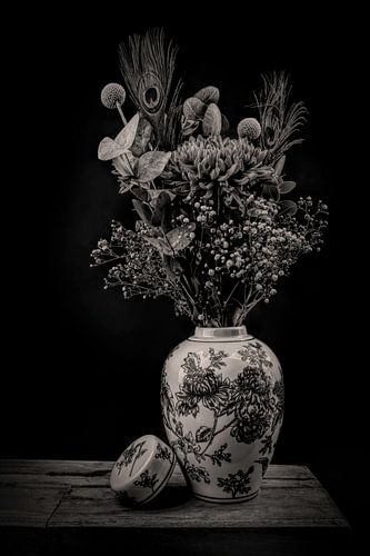 Modern Still life flowers in a vase black and white
