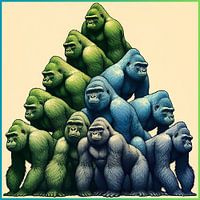 Piramide van groene, blauwe en grijze gorilla's