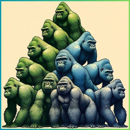 Pyramid of green, blue and grey gorillas