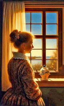 Portret van een vrouw aan het raam. van Ineke de Rijk