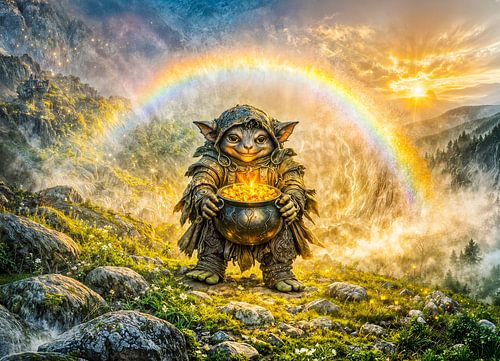 Dynamic Fantasy Goblin with Rainbow Gold Pot