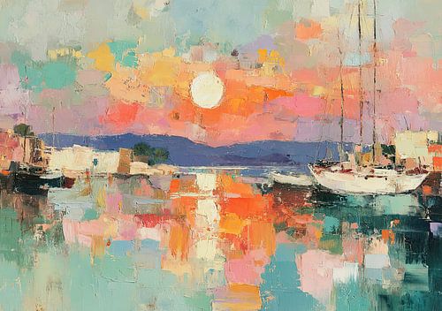 Coucher de soleil sur le port avec des bateaux