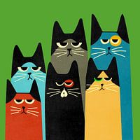 A group portrait featuring colourful cats with a retro look.