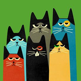 A group portrait featuring colourful cats with a retro look. by Bianca van Dijk