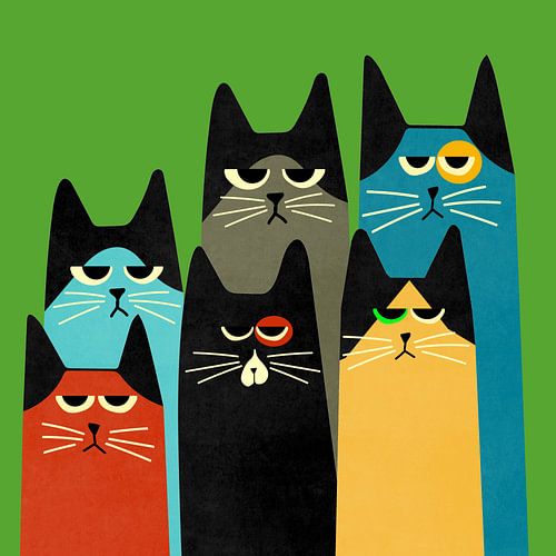 Een groepsportret met kleurrijke katten met een retro uitstraling.