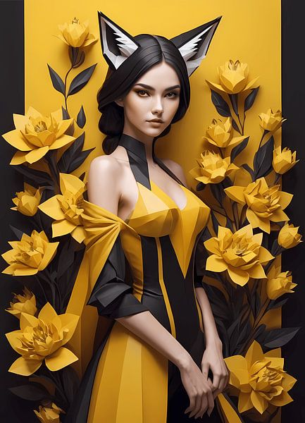 Laagpoly gebloemd vossenmeisje, zwart en geel van 1xMerch