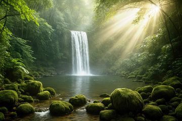 Wasserfall und moosbewachsene Felsen im Wald mit Sonnenlicht von Markus Gann