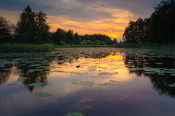 Warme zonsondergang aan een meertje in De Wieden