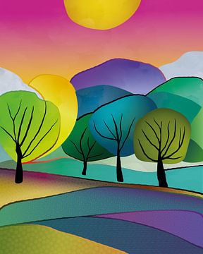 Abstract landschap in vrolijke kleuren van Tanja Udelhofen