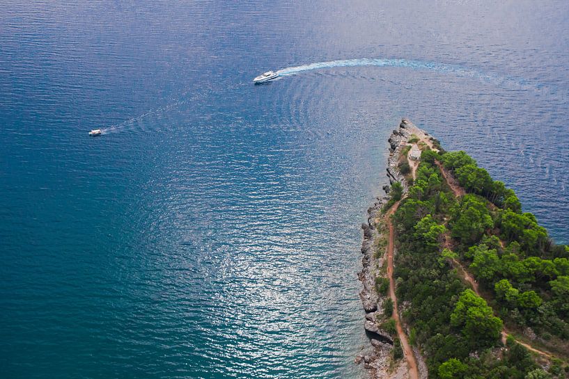 Forest peninsula and motor yachts sail. landscape below (aerial photo from a paraglider) with the co by Michael Semenov
