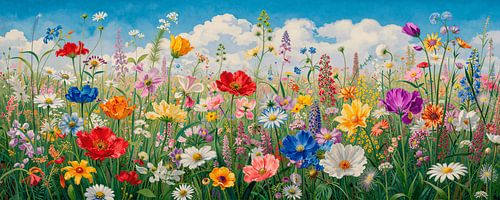 L'été ! Panorama d'un champ de fleurs aux couleurs vives