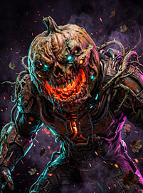Cyberpunk Pumpkin Monster Glowing Fiery Maw Halloween Dark Fantasy Wall Art Poster Print by Riswan Ratta