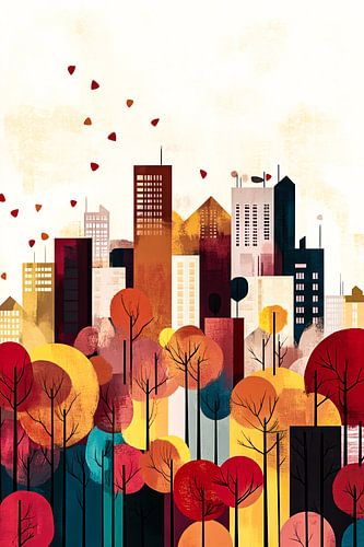 Abstracte stad met kleurrijke bomen