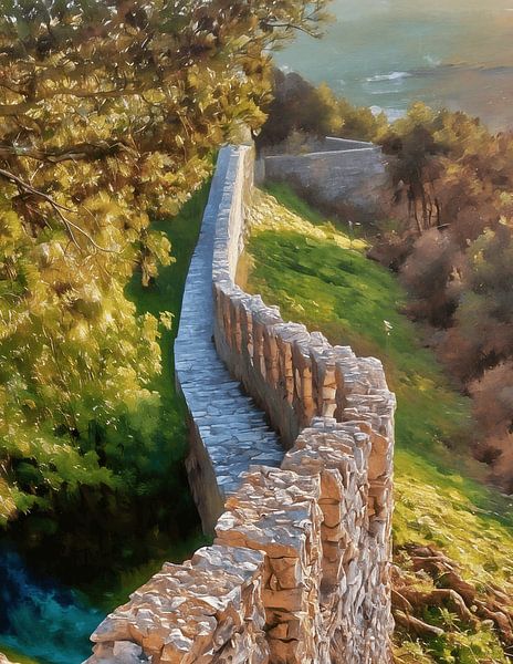 Castle Wall of Castelo de Sesimbra, Portugal at Sunset by Hecate Pim