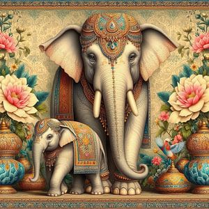 Art de l'Inde, éléphant avec éléphanteau