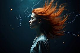 Frau mit rotem Haar und stilisierten Blitzen