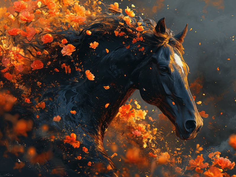 Fiery Gallop | orange | horse | black by Eva Lee