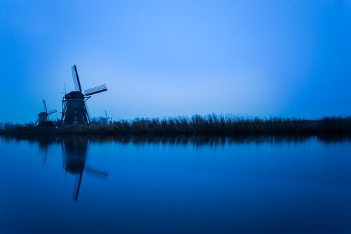 Windmühlen in Kinderdijk nach Sonnenuntergang in blauer Stunde