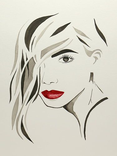 Lippen om te zoenen (modern aquarel schilderij portret mooie sexy vrouw dame abstract kapsel beige )