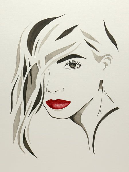 Lippen zu küssen (moderne Aquarellmalerei Porträt schöne sexy Frau Dame abstrakte Frisur beige ) von Natalie Bruns