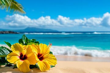 Yellow hibiscus flowers on the beach by Poster Art Shop