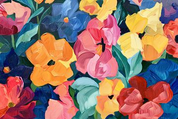 Abstracte explosie van kleurrijke bloemen en bladeren van De Muurdecoratie