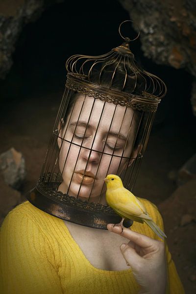 Woman with Birdcage and Canary in the Coal Mine - Symbolism of Man and Nature by Elianne van Turennout