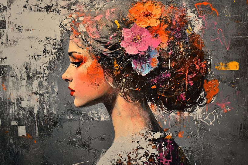 Portrait de femme | Silence in Colourful Bloom par Peintures accrocheuses