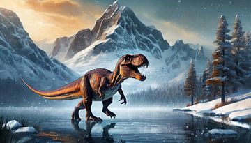 Tyrannosaurus Rex goes alone into the cold lake, art design by Animaflora PicsStock