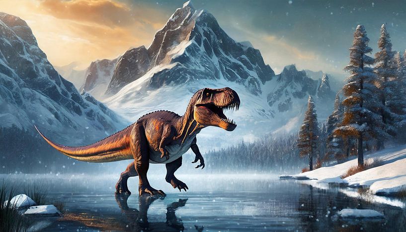 Tyrannosaurus Rex geht allein in den kalten See, Kunstdesign von Animaflora PicsStock
