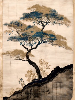Japandi-Kunst: Japanische Landschaft mit blauem und goldenem Baum