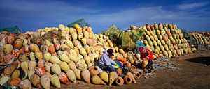 Fischer reinigen Tintenfischgläser in Djerba, Tunesien.