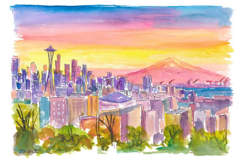 Seattle skyline at dusk with Mount Rainier in the spotlight by Markus Bleichner