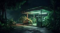Tankstation in de jungle bij nacht