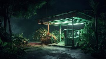Tankstation in de jungle bij nacht van Felix Wiesner