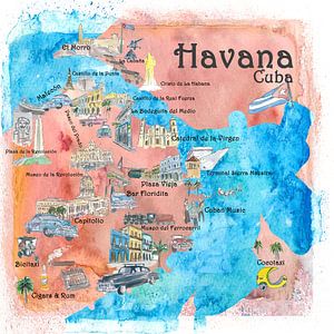 Havanna Kuba Illustrierte Reiseposter Favoritenkarte Touristische Highlights