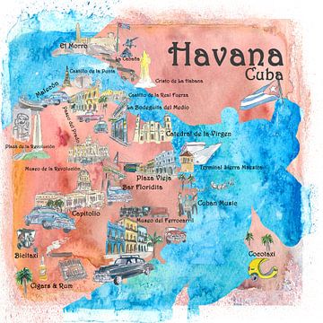 Havana Cuba Geïllustreerde reisposter Favoriete kaart Toeristische hoogtepunten van Markus Bleichner