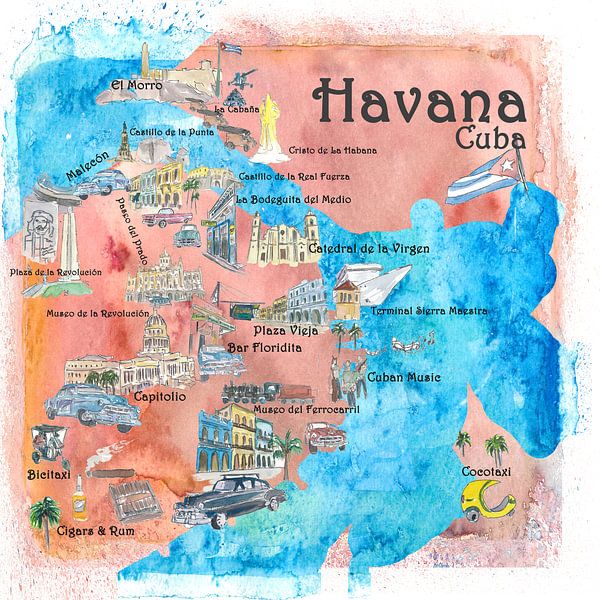 La Havane Cuba Affiche de voyage illustrée Carte préférée Points forts du tourisme par Markus Bleichner