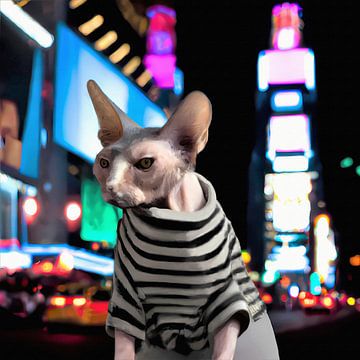 Portage d'un chat Sphynx avec un pull rayé dans le New York nocturne sur Maud De Vries