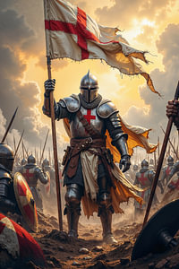 Dark Fantasy Wandbild: CRUCIATUS – Ein Kreuzritter mit seiner Fahne auf dem Schlachtfeld