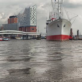 Hamburg Harbour, Germany with the Elbphilharmonie and large ship by Ans van Heck