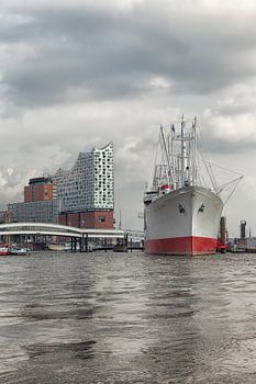 Hamburg Harbour, Germany with the Elbphilharmonie and large ship