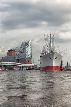 Hamburg Harbour, Germany with the Elbphilharmonie and large ship by Ans van Heck