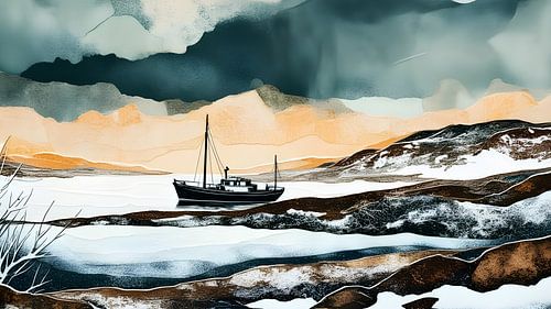 kleine trawler op een arctisch meer