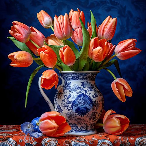 Rode tulpen in Delftsblauwe vaas