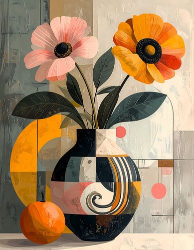 Abstract kunstwerk vaas met bloemen in oranje roze groen
