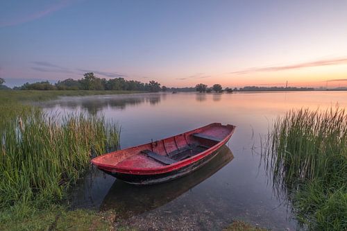 Roeibootje tussen het riet bij zonsopkomst