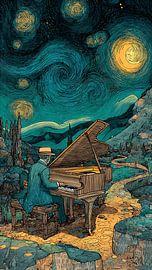 Homme jouant du piano sous un ciel étoilé sur Aden Pink Studio