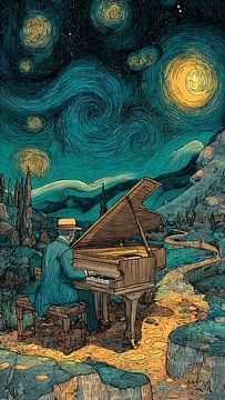Man speelt piano onder een sterrenhemel van Aden Pink Studio