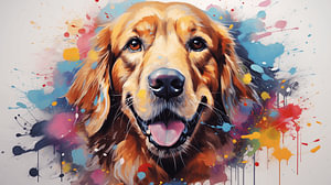Golden Retriever-Gemälde eines Hundegesichts mit bunten Farbspritzern